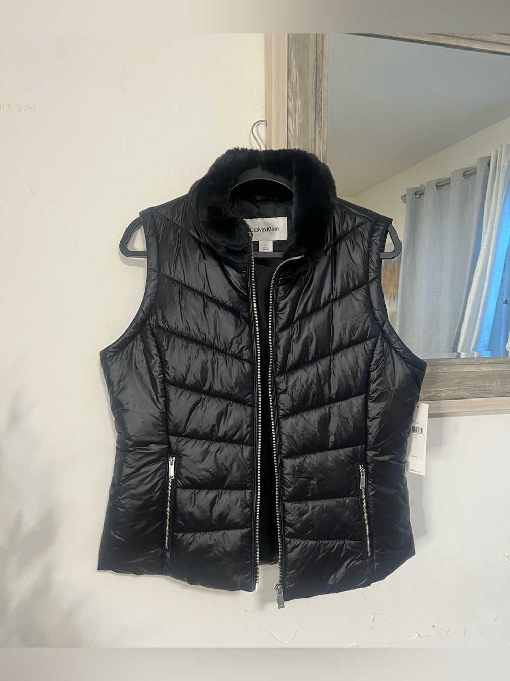 Calvin Klein Black Quilted Puffer Vest with Faux Fur Trim